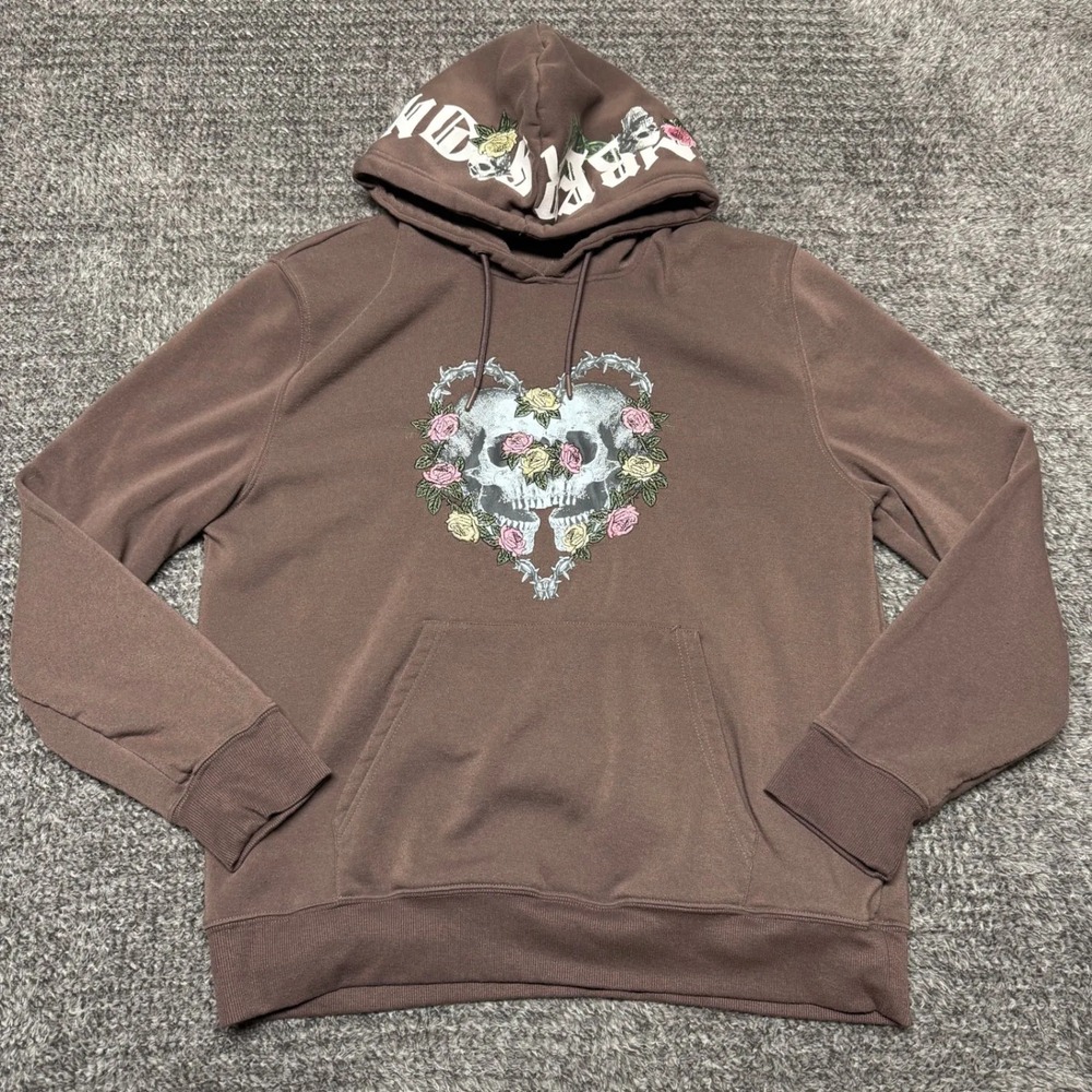 Members Only Mens Hoodie‎ L Brown Skull Roses Graphic Pullover Sweatshirt